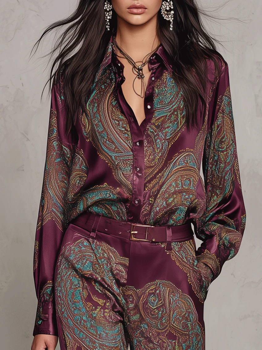 Rebeca | Completo di Camicia a Maniche Lunghe in Satin con Stampa Paisley Borgogna-Porpora e Pantaloni a Gamba Larga