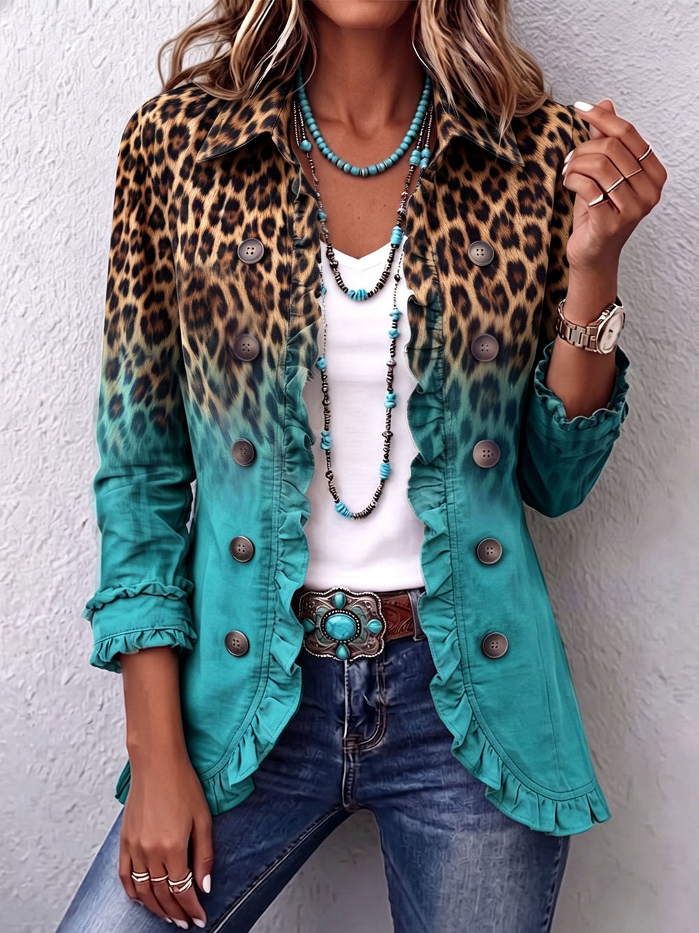 Anna | Giacca blazer leopardata sfumata con volant