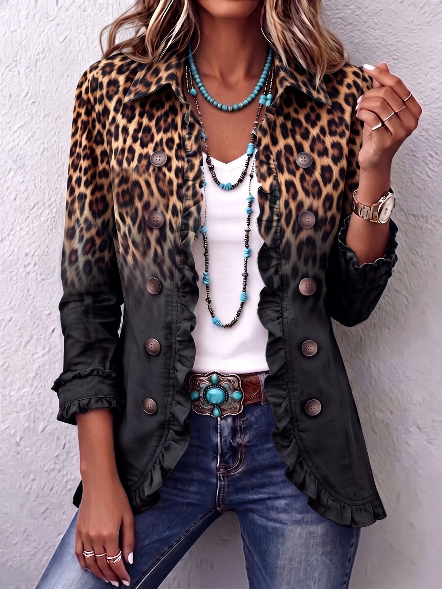 Eleonora | Giacca blazer leopardata nera con volant