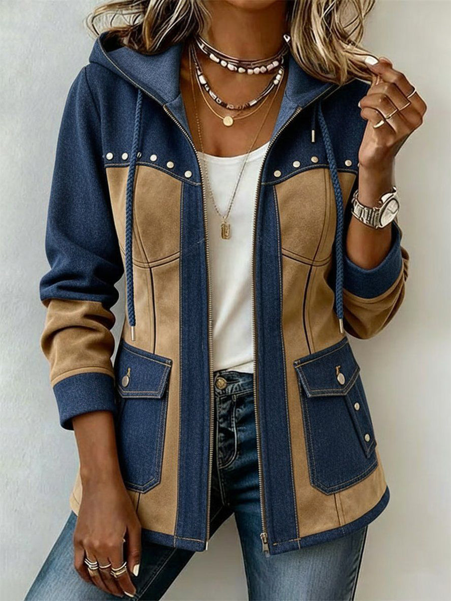 Adriana | Giacca con cappuccio nei colori blu marino e cammello