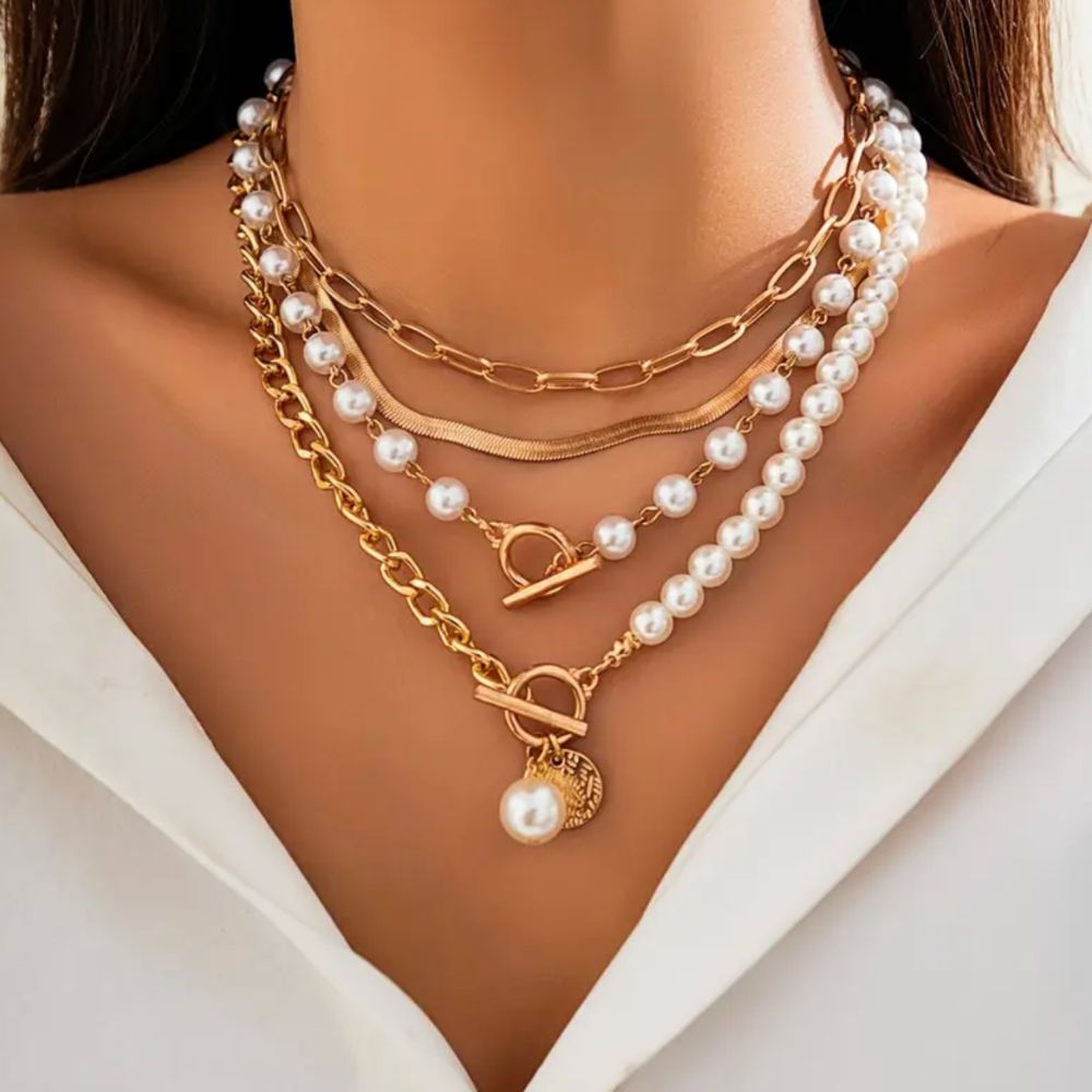 Set di Collana Vintage con Perle e Catena a Serpente